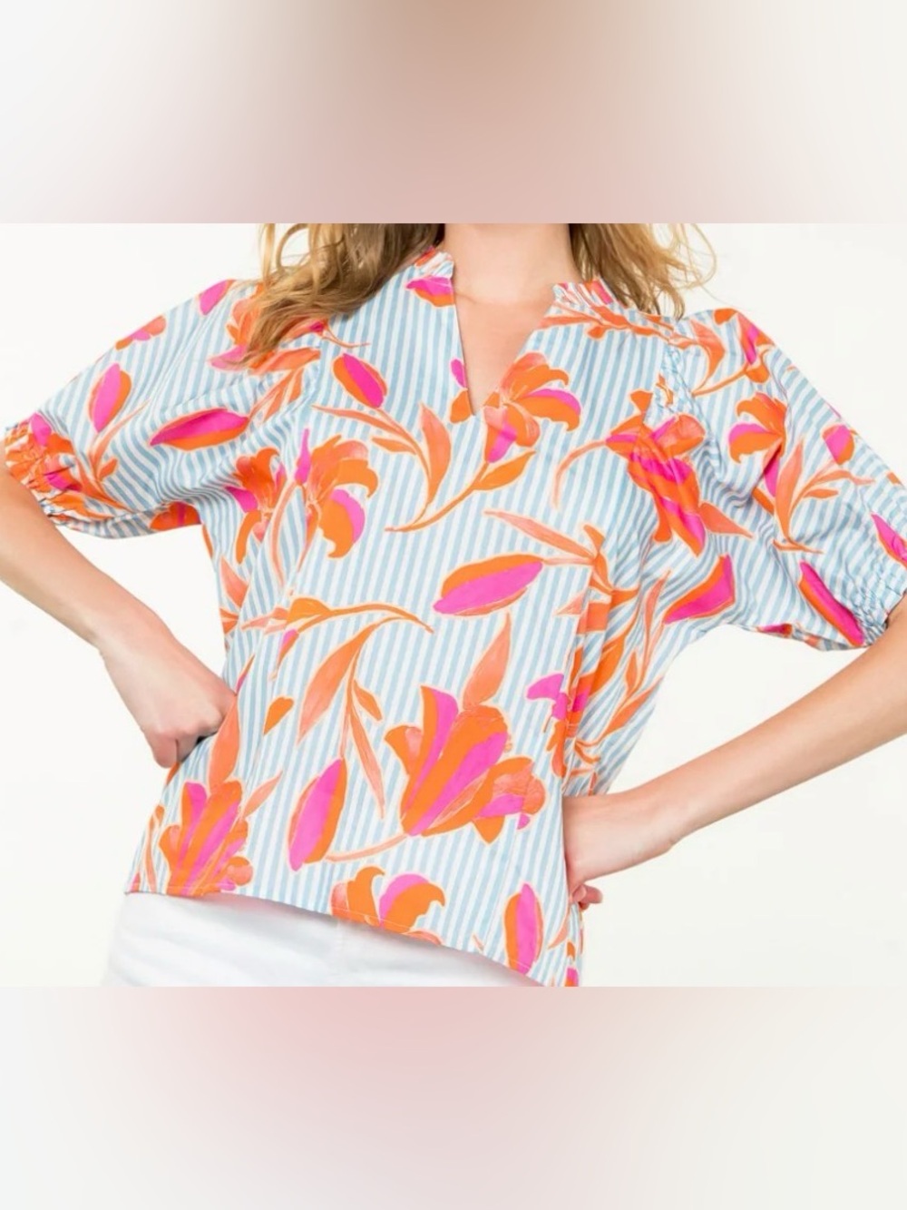 THML Blue Stripe V-Neck Top with Pink & Orange Floral Print